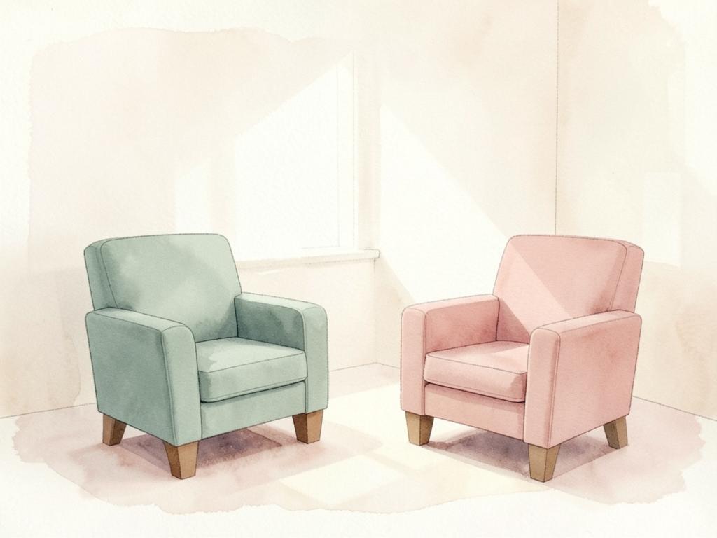 Ilustração suave de duas poltronas em uma sala de terapia acolhedora